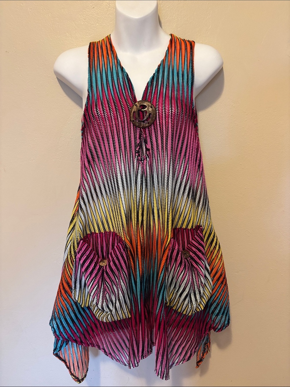 Vibrant Multicolor Sleeveless Tunic with Wood Accent